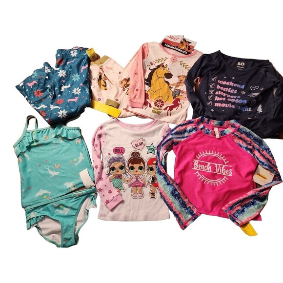 Girls Size 4 Clothing Lot 8 Pieces Swimsuit Pj Sets Shirt - Picture 1 of 8